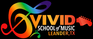 Vivid Music School logo featuring orange lettering against a black background, with a rainbow-colored guitar framing the text